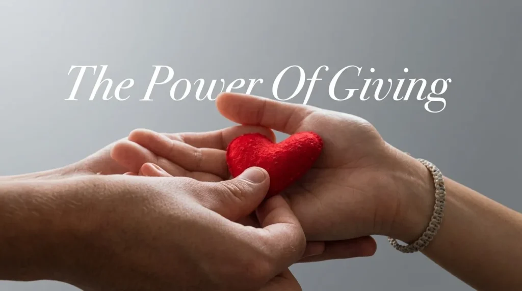 Sepasang tangan memberikan hati kecil berwarna merah kepada tangan lainnya, ilustrasi dari the-power-of-giving.webp untuk pesan kasih sayang dan kepedulian.