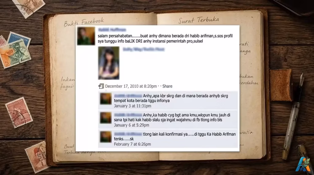 Tangkapan layar postingan Facebook jadul dari Habib Arifman untuk Anhy di atas sebuah buku catatan kuno
