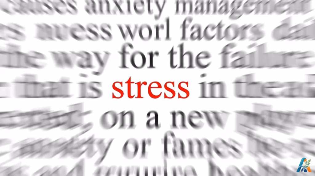 Kata stress berwarna merah di antara tulisan koran yang buram dan pusing untuk artikel cara menguji tingkat stress