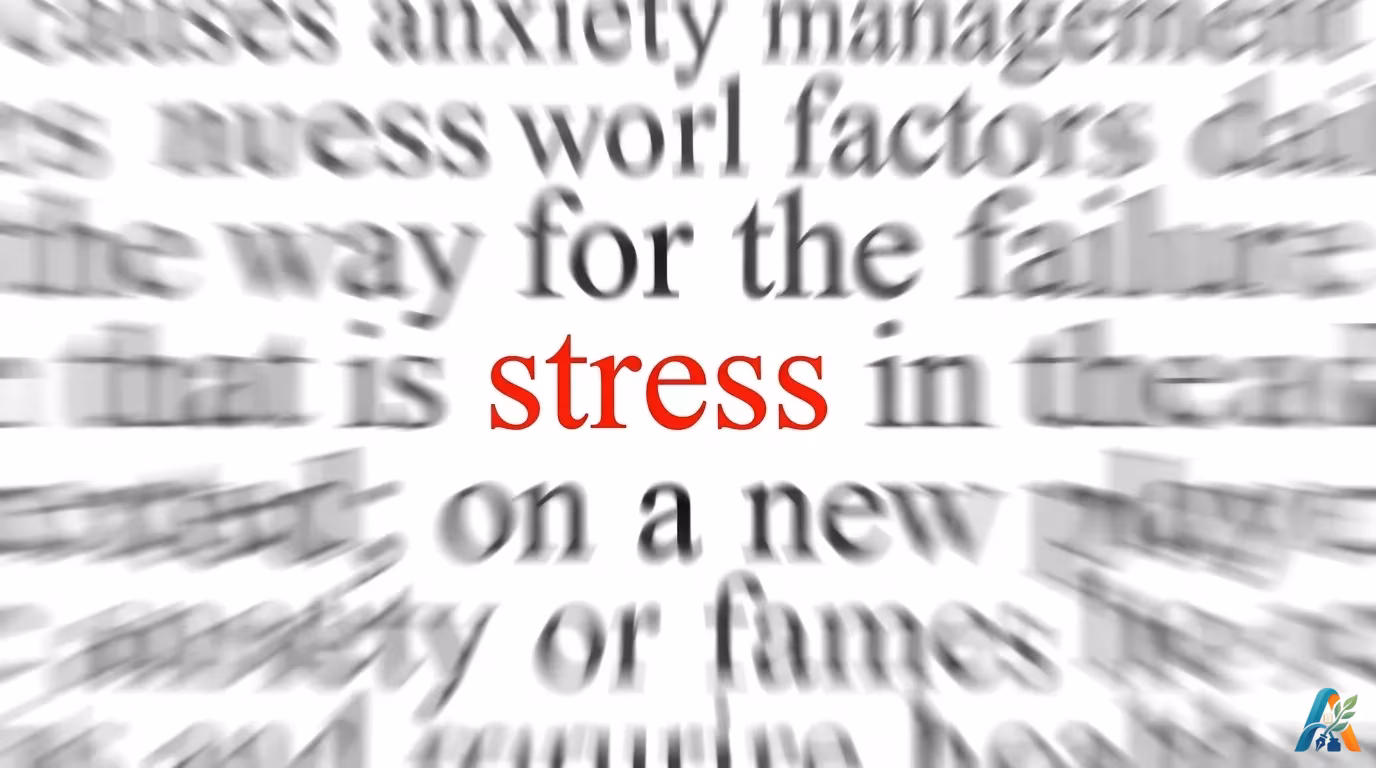 Kata stress berwarna merah di antara tulisan koran yang buram dan pusing untuk artikel cara menguji tingkat stress