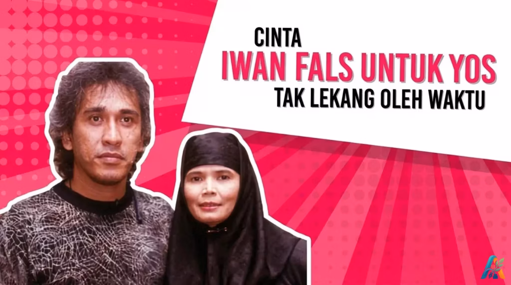Foto musisi legendaris Iwan Fals bersama sang istri Rosana atau Mbak Yos berlatar belakang grafis pink