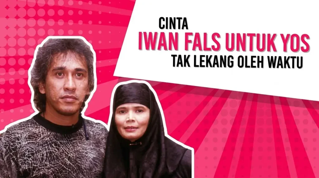 Foto musisi legendaris Iwan Fals bersama sang istri Rosana atau Mbak Yos berlatar belakang grafis pink