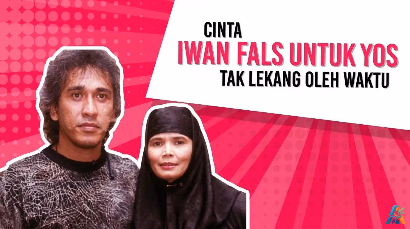 Foto musisi legendaris Iwan Fals bersama sang istri Rosana atau Mbak Yos berlatar belakang grafis pink