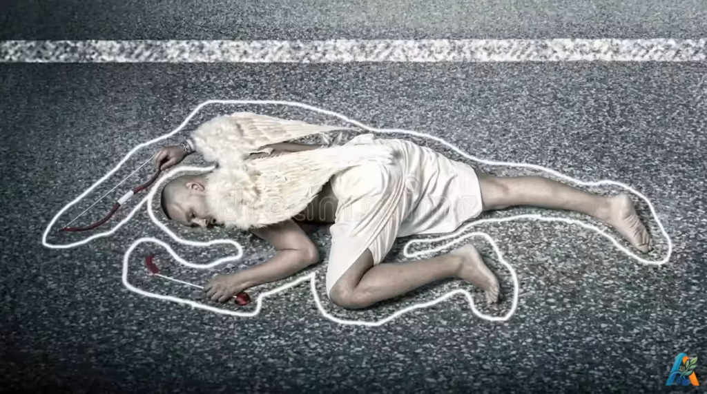 Konsep dead cupid dengan seorang pria berpakaian dewa asmara tergeletak di jalan raya dikelilingi garis kapur tkp