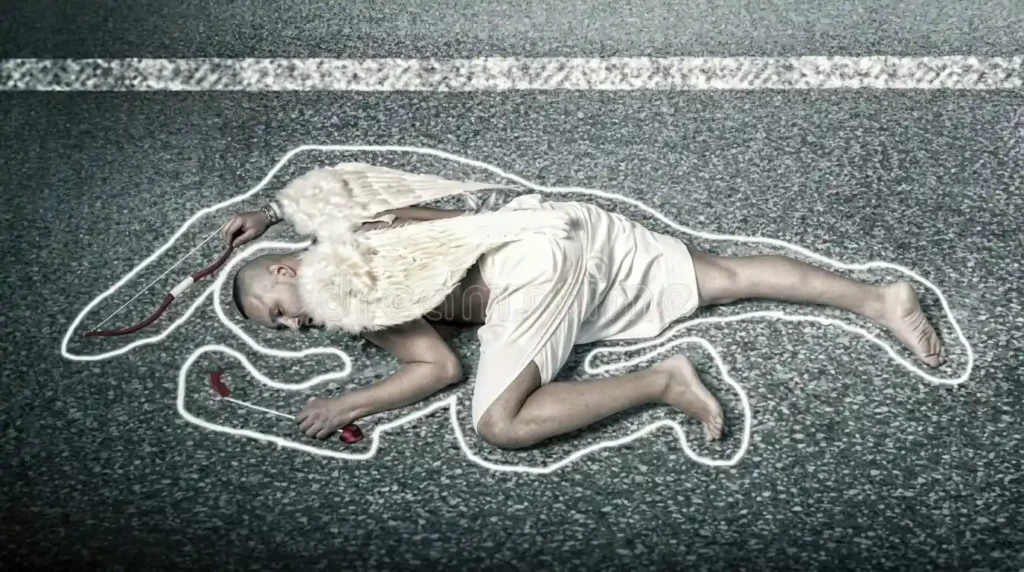 Konsep dead cupid dengan seorang pria berpakaian dewa asmara tergeletak di jalan raya dikelilingi garis kapur tkp