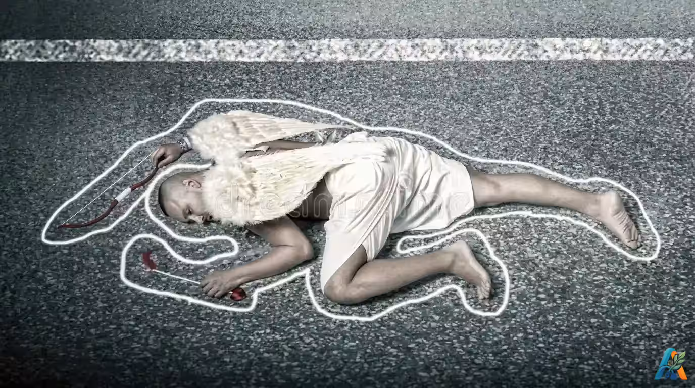 Konsep dead cupid dengan seorang pria berpakaian dewa asmara tergeletak di jalan raya dikelilingi garis kapur tkp