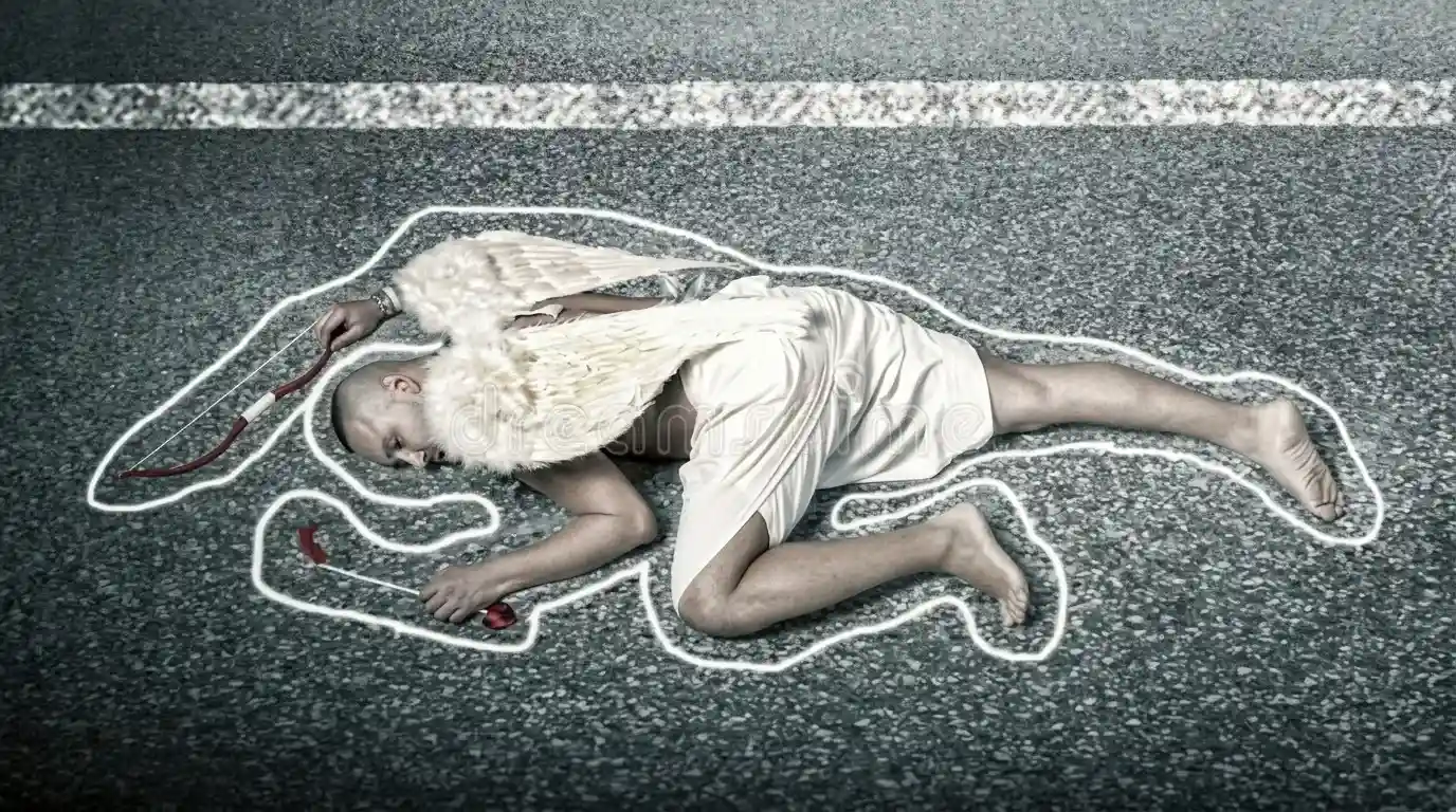 Konsep dead cupid dengan seorang pria berpakaian dewa asmara tergeletak di jalan raya dikelilingi garis kapur tkp
