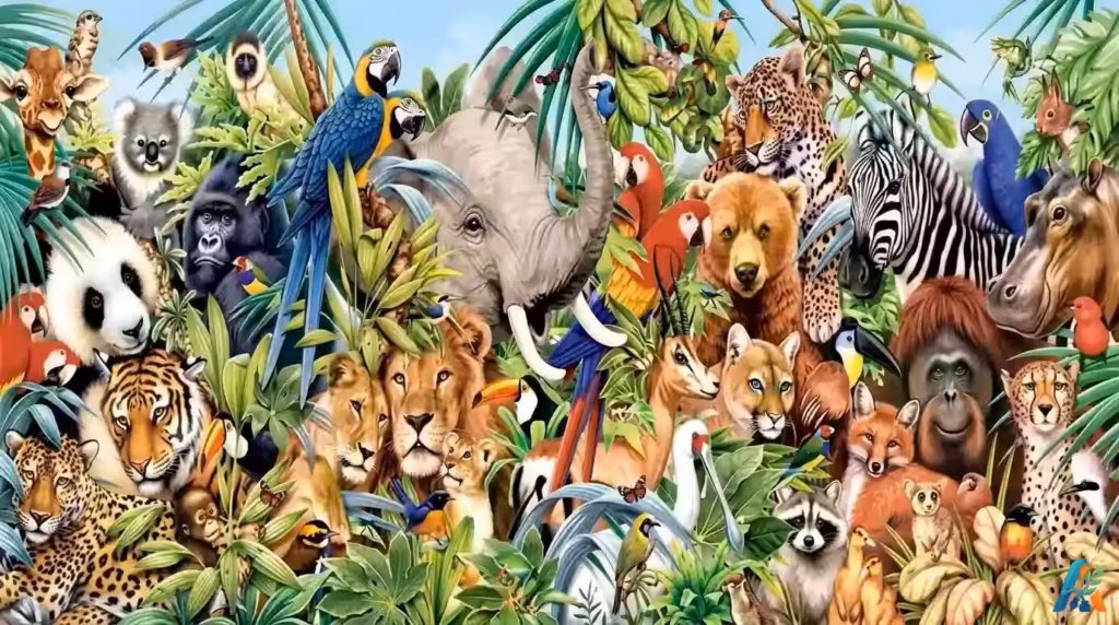 Gambar tes kepribadian visual dengan ilustrasi macan, gajah, singa, panda, dan puluhan hewan rimba
