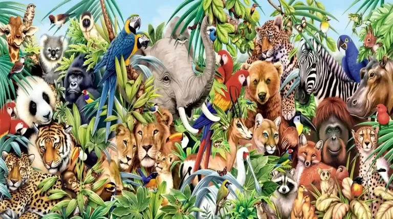 Gambar tes kepribadian visual dengan ilustrasi macan, gajah, singa, panda, dan puluhan hewan rimba