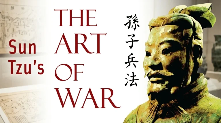Ilustrasi sampul buku Sun Tzu The Art of War menampilkan patung jenderal kuno Tiongkok