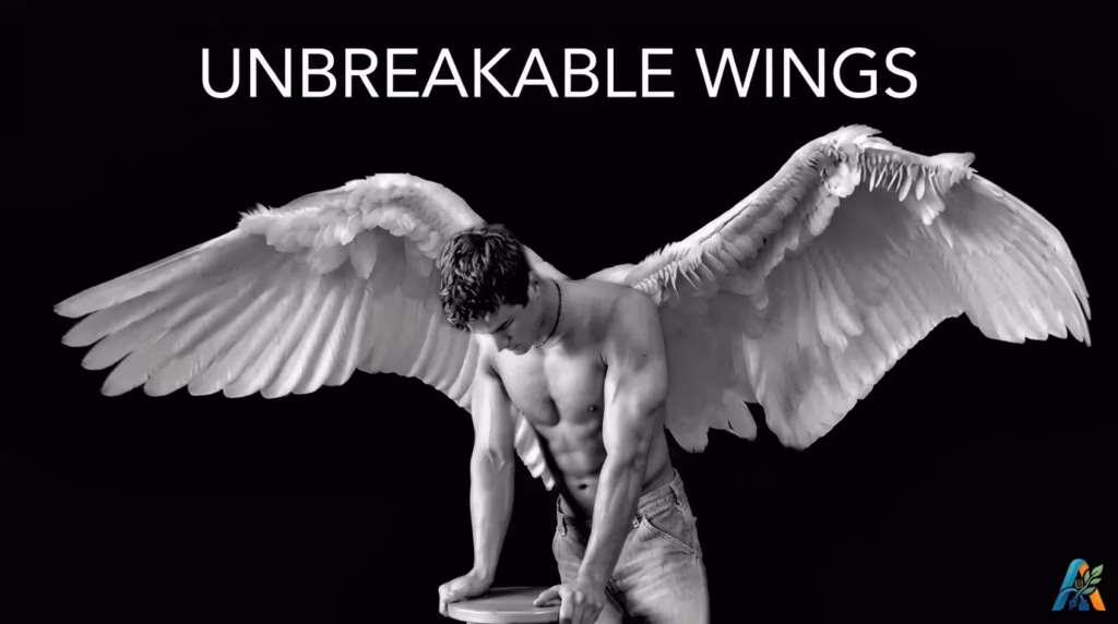 Seorang pria bertelanjang dada dengan sayap malaikat putih besar yang megah, menampilkan tulisan "UNBREAKABLE WINGS" di bagian atas sebagai ilustrasi konsep kekuatan dan ketangguhan