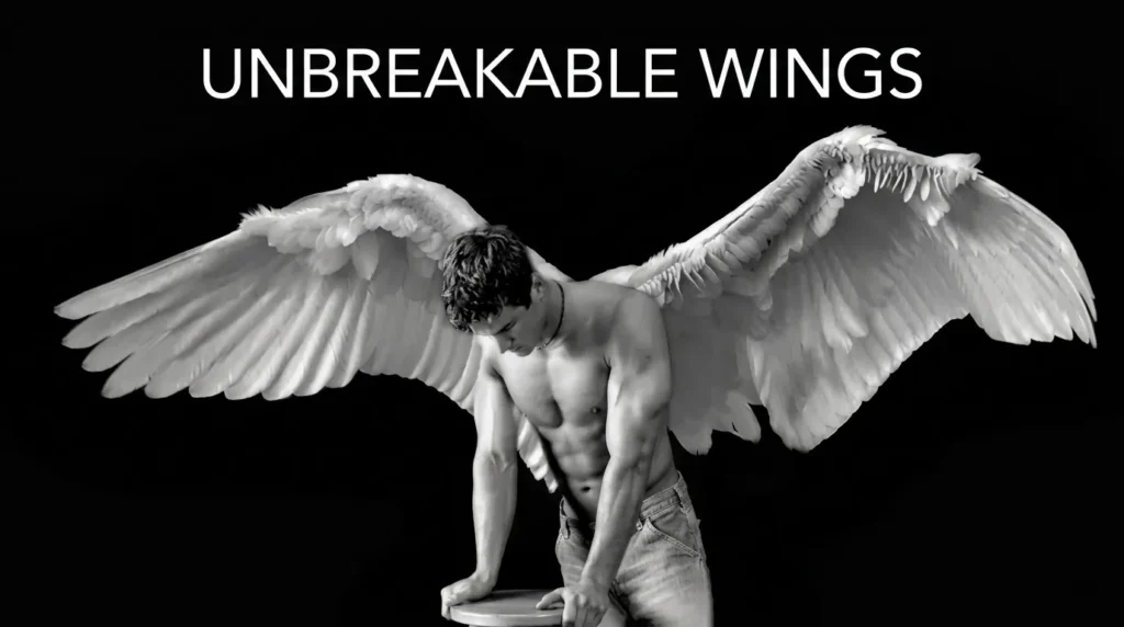 Seorang pria bertelanjang dada dengan sayap malaikat putih besar yang megah, menampilkan tulisan "UNBREAKABLE WINGS" di bagian atas sebagai ilustrasi konsep kekuatan dan ketangguhan