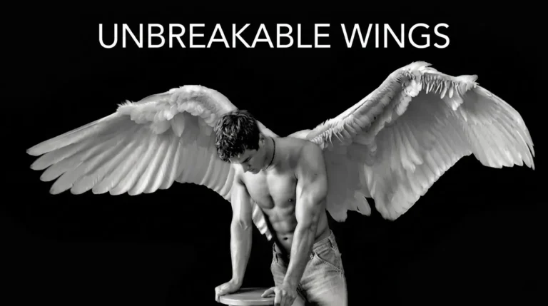 Seorang pria bertelanjang dada dengan sayap malaikat putih besar yang megah, menampilkan tulisan "UNBREAKABLE WINGS" di bagian atas sebagai ilustrasi konsep kekuatan dan ketangguhan