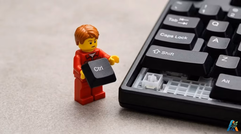 Miniatur Lego perbaikan memegang tombol Ctrl di samping keyboard mekanikal hitam yang rusak