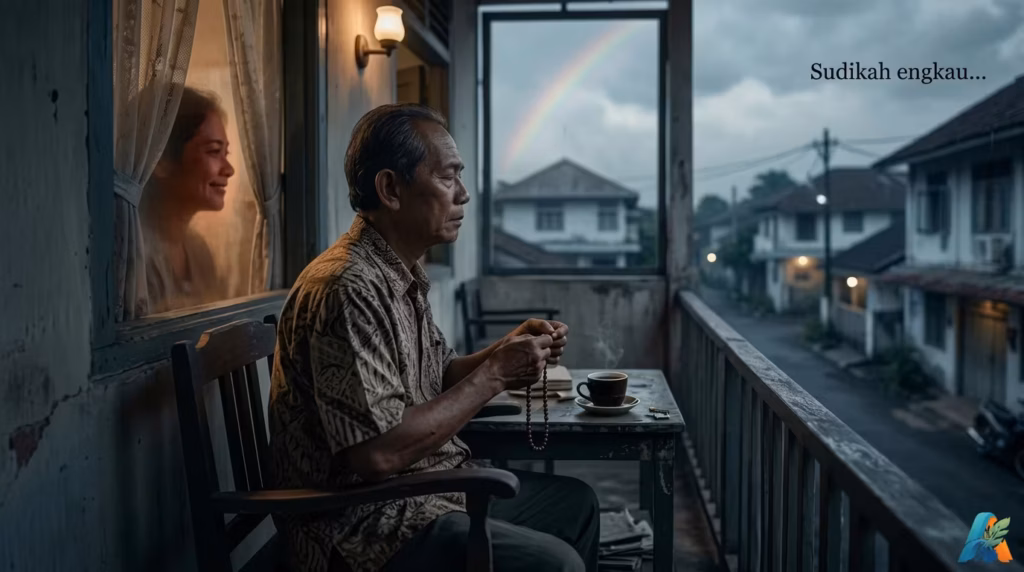 Seorang pria tua duduk di balkon saat senja, memegang tasbih dan menatap rumah di seberang, dengan bayangan wajah wanita di jendela.