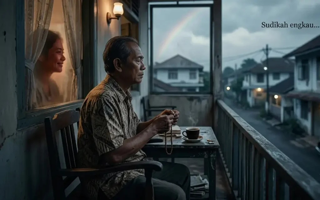Seorang pria tua duduk di balkon saat senja, memegang tasbih dan menatap rumah di seberang, dengan bayangan wajah wanita di jendela.