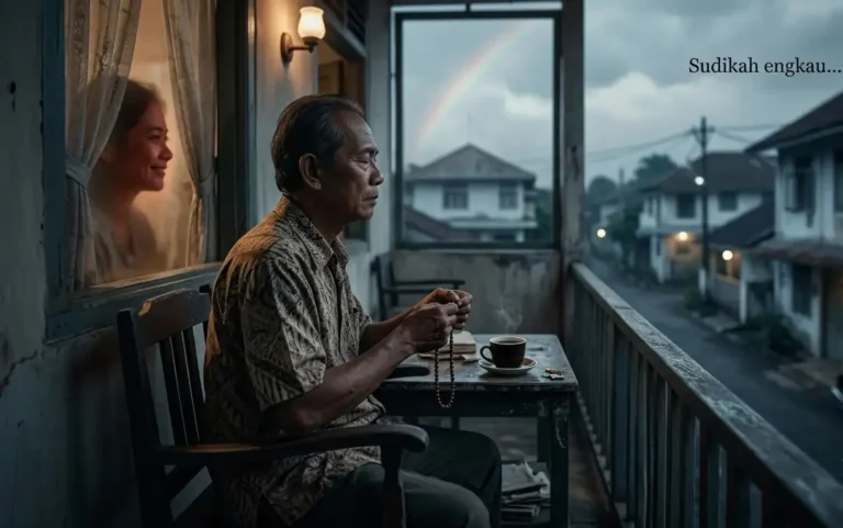 Seorang pria tua duduk di balkon saat senja, memegang tasbih dan menatap rumah di seberang, dengan bayangan wajah wanita di jendela.