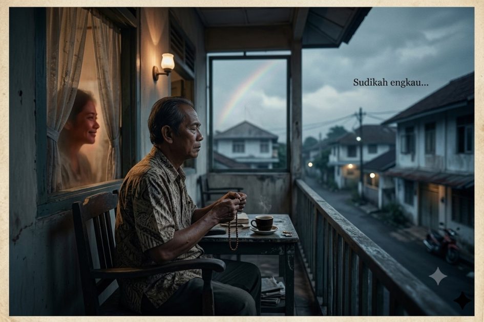 Seorang pria tua duduk di balkon saat senja, memegang tasbih dan menatap rumah di seberang, dengan bayangan wajah wanita di jendela.