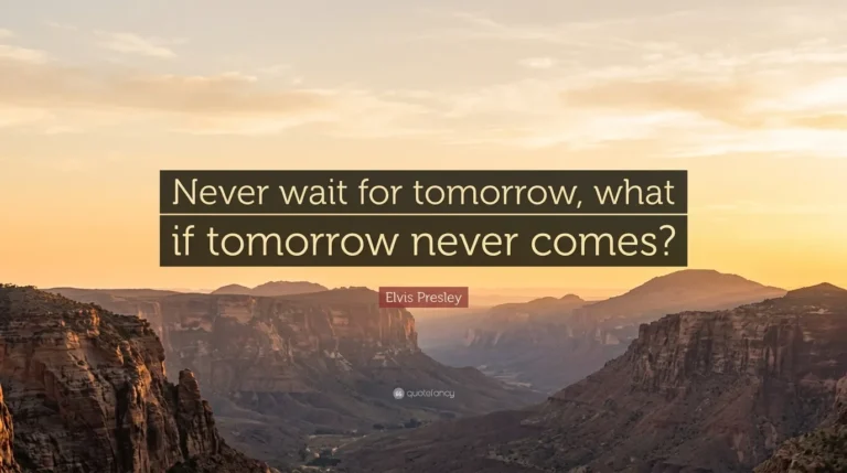 Kutipan motivasi Elvis Presley "Never wait for tomorrow, what if tomorrow never comes?" dengan latar belakang pemandangan ngarai saat matahari terbenam.