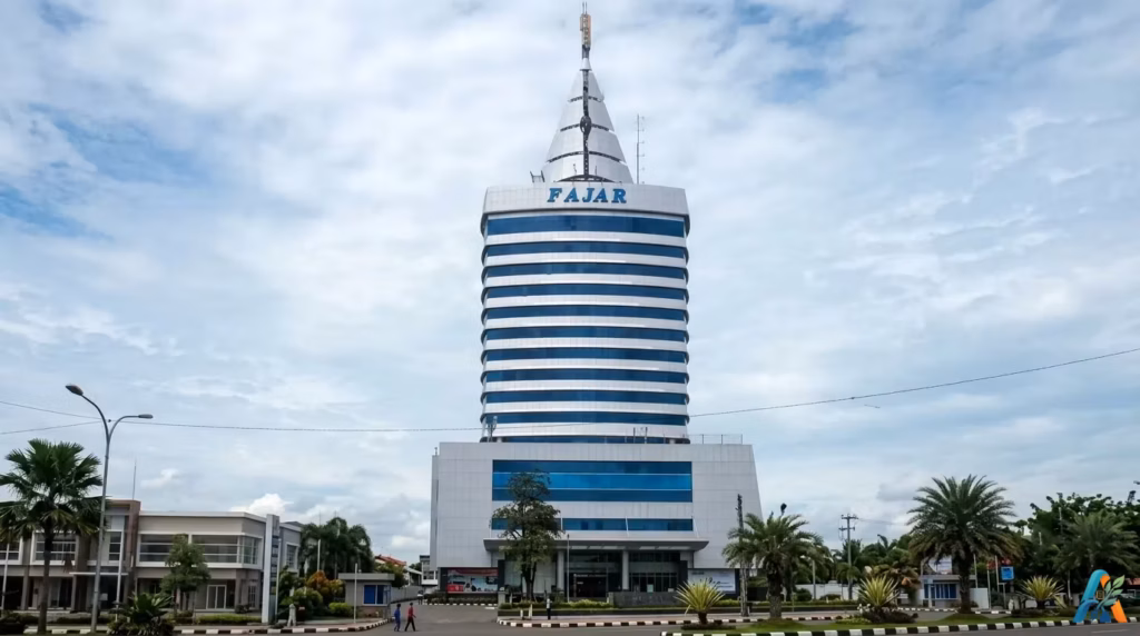 Gedung Graha Pena Fajar yang ikonik dengan menara tinggi di pusat kota Makassar di bawah langit cerah berawan.