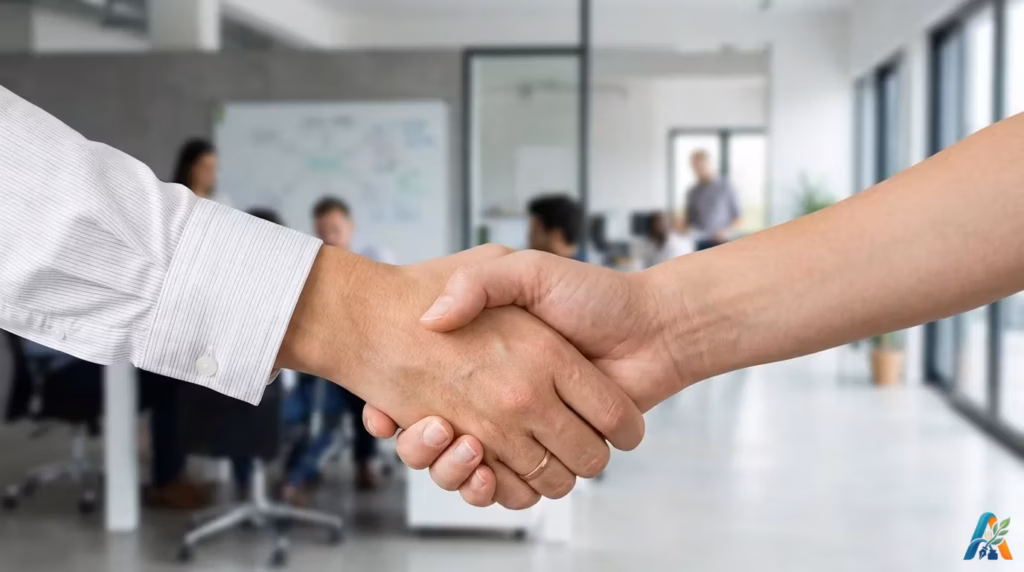 Dua orang melakukan jabat tangan profesional di lingkungan kantor, melambangkan kesepakatan, perdamaian, atau bentuk permohonan maaf yang tulus.