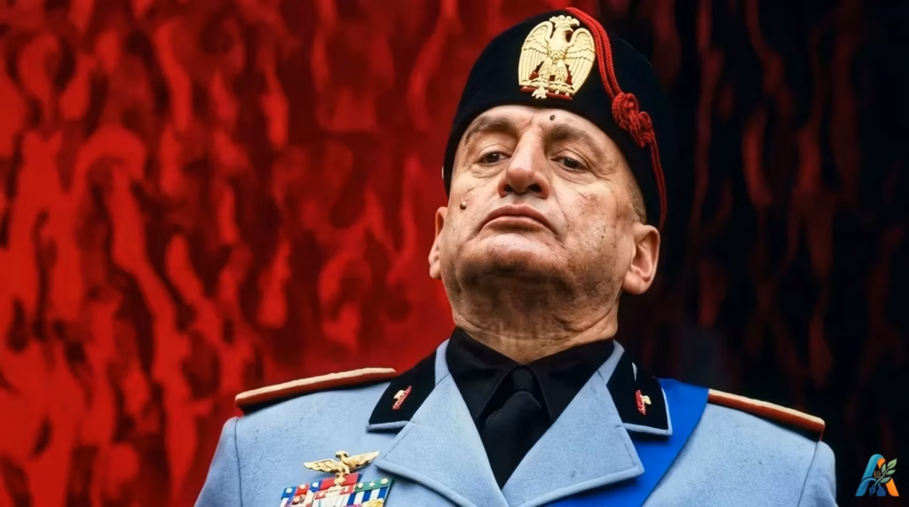 Potret sejarah Benito Mussolini mengenakan seragam militer dengan latar belakang merah, sosok yang menjadi simbol kontroversial dalam sejarah Italia.