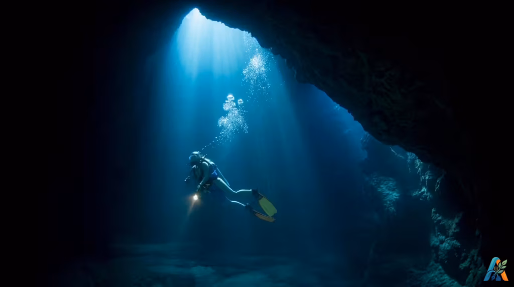 Penyelam scuba mengeksplorasi gua bawah air yang gelap dengan sorotan cahaya menembus permukaan air, menciptakan suasana mistis dan petualangan.