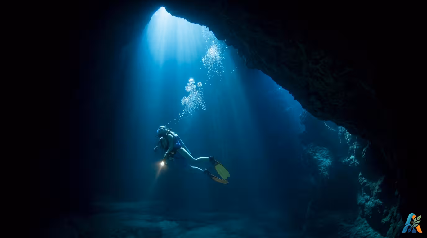 Penyelam scuba mengeksplorasi gua bawah air yang gelap dengan sorotan cahaya menembus permukaan air, menciptakan suasana mistis dan petualangan.