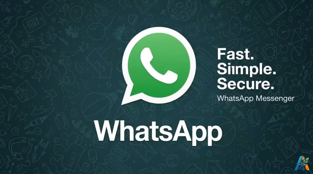 Logo resmi WhatsApp dengan slogan Fast Simple Secure di atas latar belakang bermotif doodle hijau tua