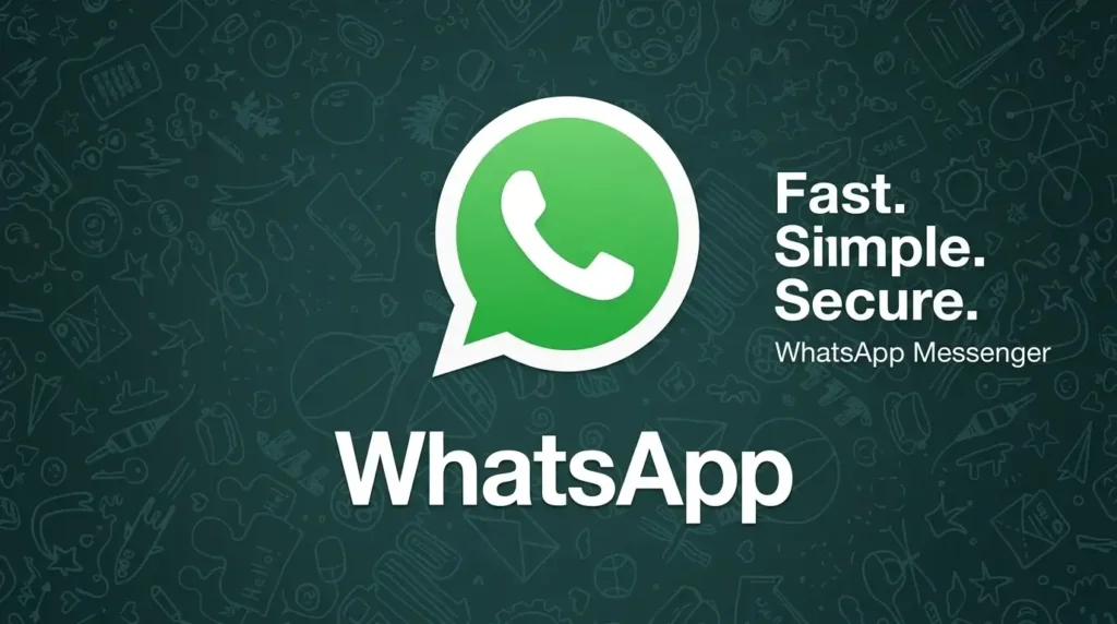 Logo resmi WhatsApp dengan slogan Fast Simple Secure di atas latar belakang bermotif doodle hijau tua