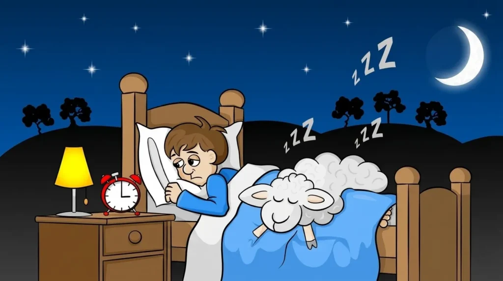 Gambar infografis cara mengatasi insomnia dengan karakter pria bermata lelah menatap jam weker merah