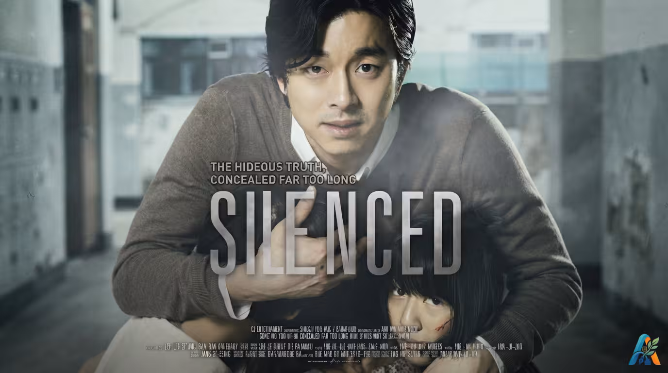 Poster film Korea Silenced (Dogani) menampilkan Gong Yoo memeluk dua anak dengan ekspresi sedih di latar belakang sekolah