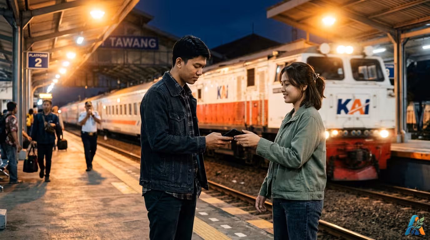 Pria dan wanita bertukar nomor ponsel di peron Stasiun Tawang Semarang dengan latar belakang kereta api KAI malam hari.