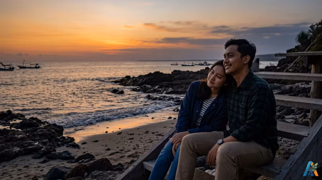 Virna bersandar di bahu Randy saat matahari terbenam senja di tangga kayu tepi Pantai Karangtengah berbatuan karang.