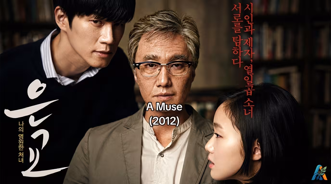 Poster film Korea Eungyo (A Muse) menampilkan wajah tiga karakter utama dalam setting perpustakaan yang gelap dengan nuansa tegang.