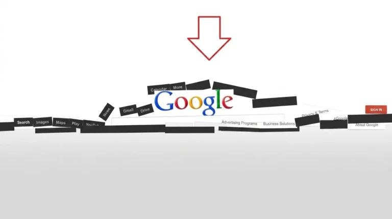 Tampilan Google Gravity di mana logo Google dan menu navigasi jatuh berantakan ke dasar layar