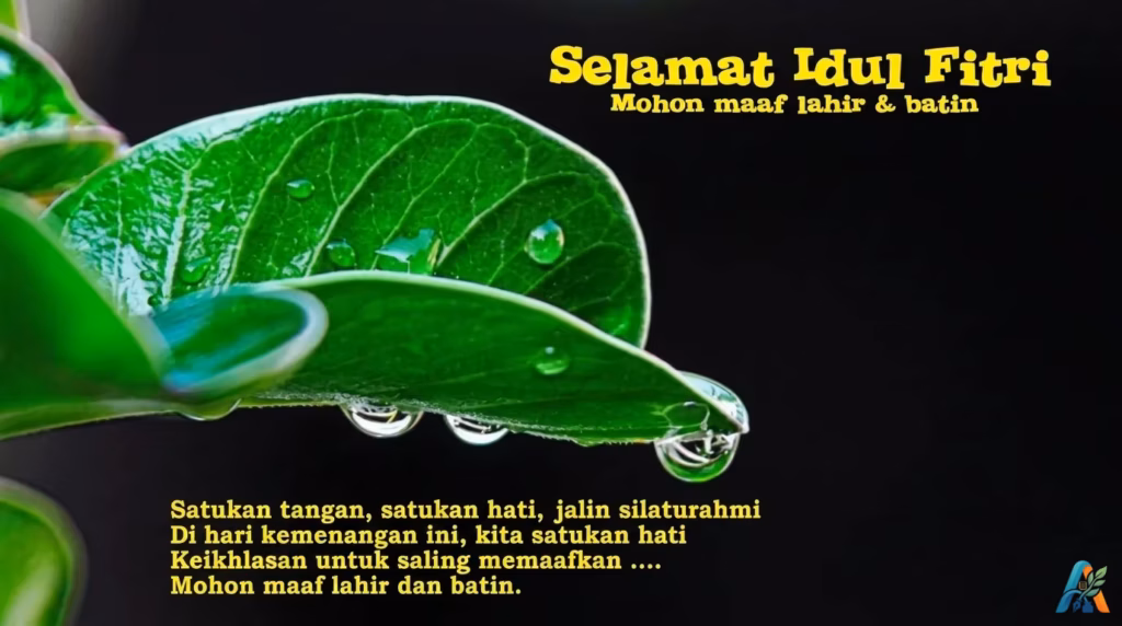 Kartu ucapan Selamat Idul Fitri Mohon Maaf Lahir dan Batin berlatar daun hijau dengan tetesan air embun bening