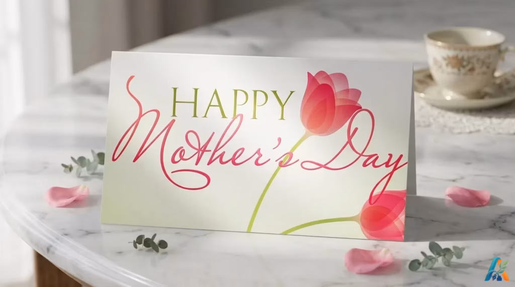 Kartu ucapan selamat Hari Ibu dengan ilustrasi bunga tulip merah yang elegan di atas meja marmer putih yang estetik dan hangat.