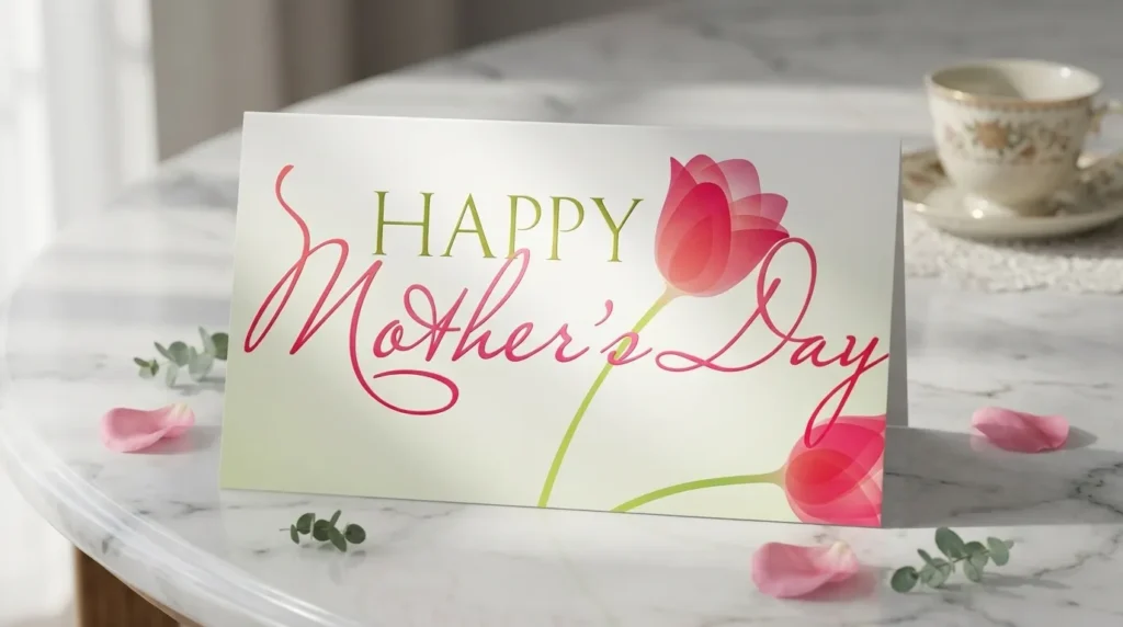 Kartu ucapan selamat Hari Ibu dengan ilustrasi bunga tulip merah yang elegan di atas meja marmer putih yang estetik dan hangat.