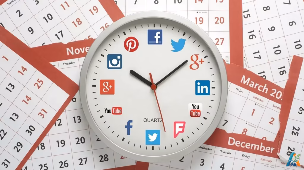 Jam dinding berisi logo aplikasi sosial dengan latar belakang kalender untuk artikel waktu terbaik untuk posting media sosial
