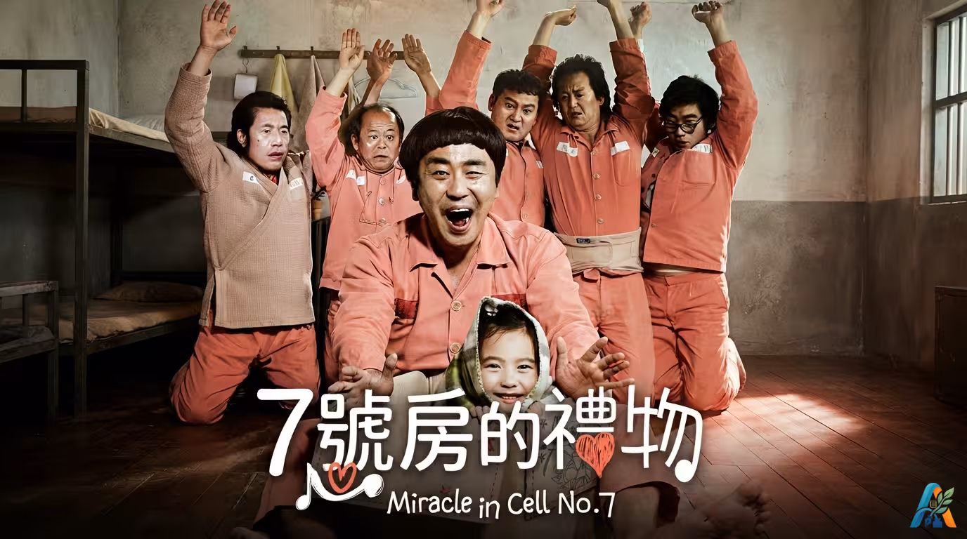 Poster film Korea Miracle in Cell No.7 menampilkan karakter utama dengan putrinya di dalam kotak kardus dikelilingi teman penjara.