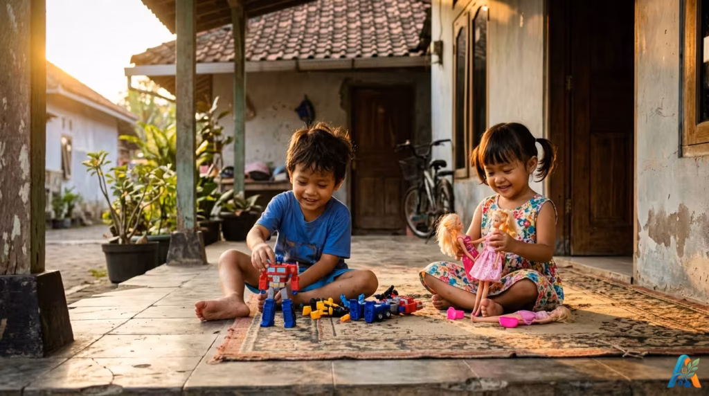Anak laki-laki bermain robot dan anak perempuan bermain boneka di teras rumah sederhana saat matahari terbenam.