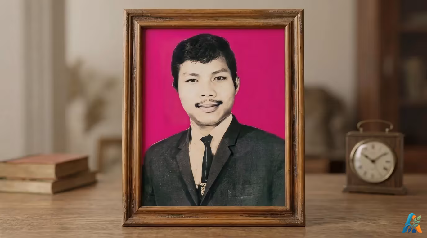 Foto potret seorang pria muda mengenakan jas dan dasi di dalam bingkai kayu klasik, diletakkan di atas meja sebagai bentuk penghormatan kenangan.