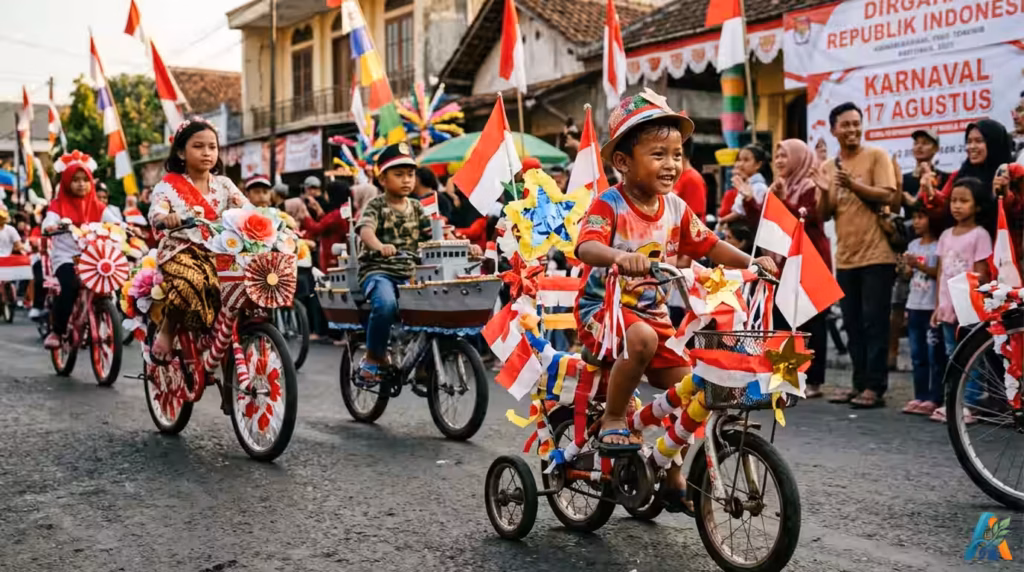 Anak laki-laki Indonesia tersenyum mengendarai sepeda hias bendera Merah Putih dalam parade Karnaval 17 Agustus, dengan latar belakang warga menonton.