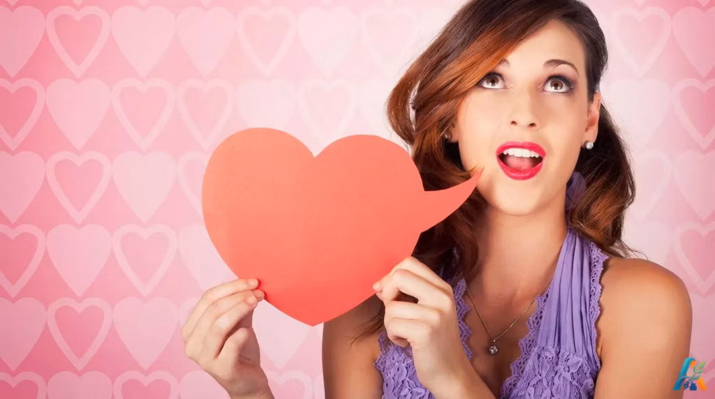 Seorang wanita memegang balon percakapan berbentuk hati merah dengan ekspresi terkejut bahagia