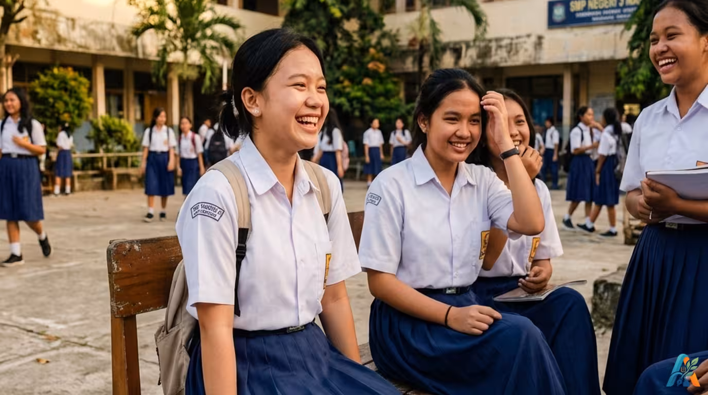 Empat siswi SMP berseragam putih-biru duduk santai dan tertawa bersama di atas bangku kayu di halaman sekolah saat sore hari.