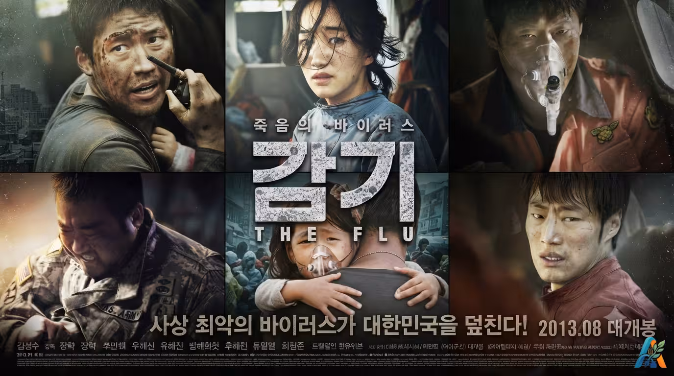Poster film Korea The Flu menampilkan kolase wajah para karakter utama dalam situasi wabah yang mencekam