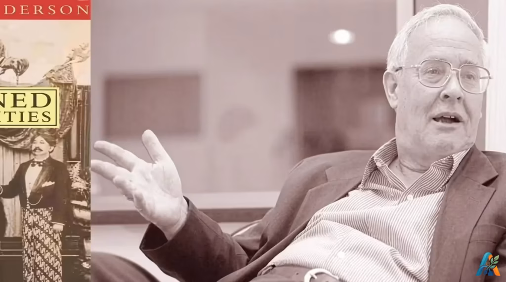 Kolase foto sejarawan Benedict Anderson dan sampul bukunya yang berjudul Imagined Communities dengan nuansa warna sepia.