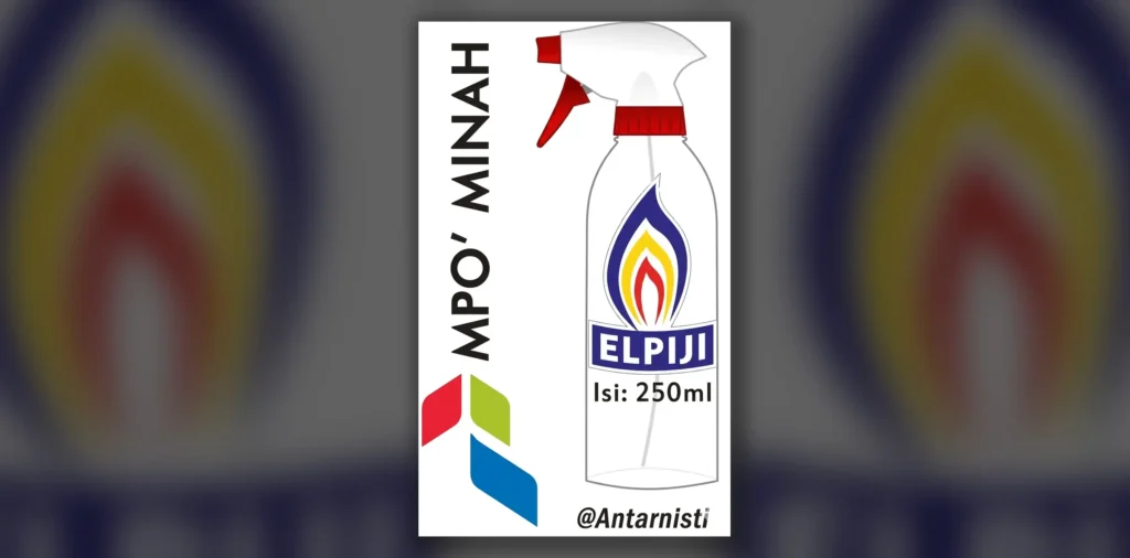 Ilustrasi vektor botol semprot transparan Mpo Minah dengan logo api berwarna-warni dan teks ELPIJI Isi 250ml, dengan logo abstrak merah-hijau-biru di latar belakang putih.