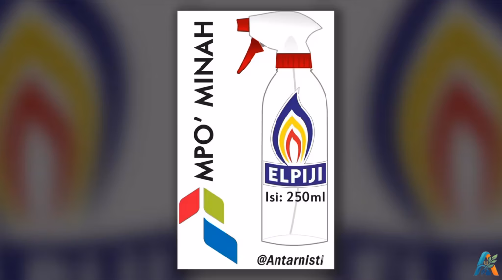 Ilustrasi vektor botol semprot transparan Mpo Minah dengan logo api berwarna-warni dan teks ELPIJI Isi 250ml, dengan logo abstrak merah-hijau-biru di latar belakang putih.
